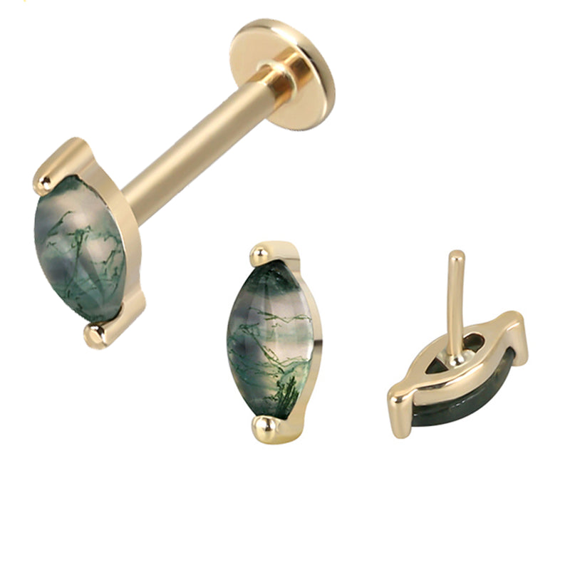 14k Moss Agate/ Titanium Flatback Push fit Piercing