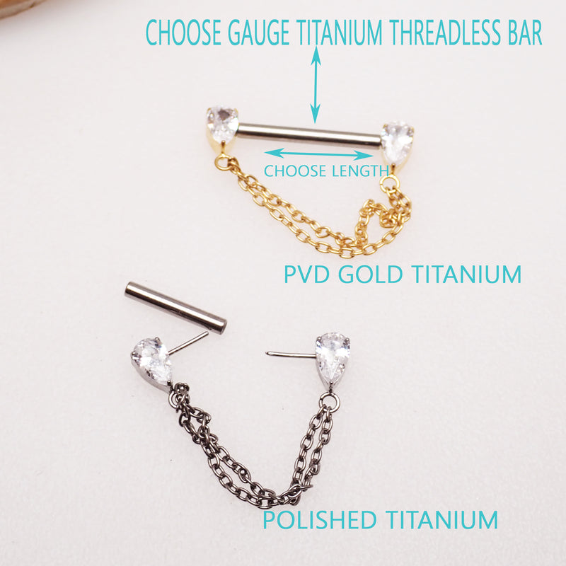 CZ Double Chain Titanium Nipple Bar 16g, 14g, 12g