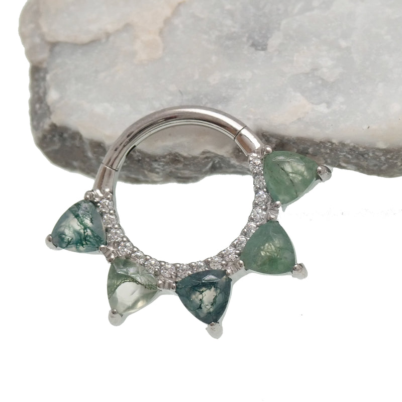 Moss Agate & CZ  Hinged clicker 16g